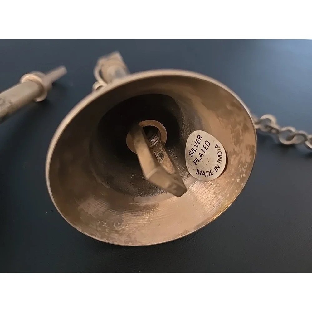 Vtg Silver Plated School‎ Teacher Hand Bells Dinner Door shop long stick handle